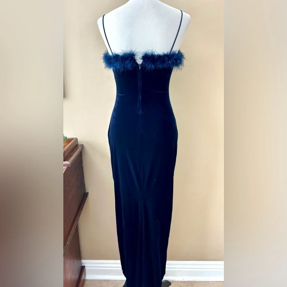 Vintage 90s Y2K Roberta Velvet Maxi Dress Gown Marabou Feather Trim Navy Blue M